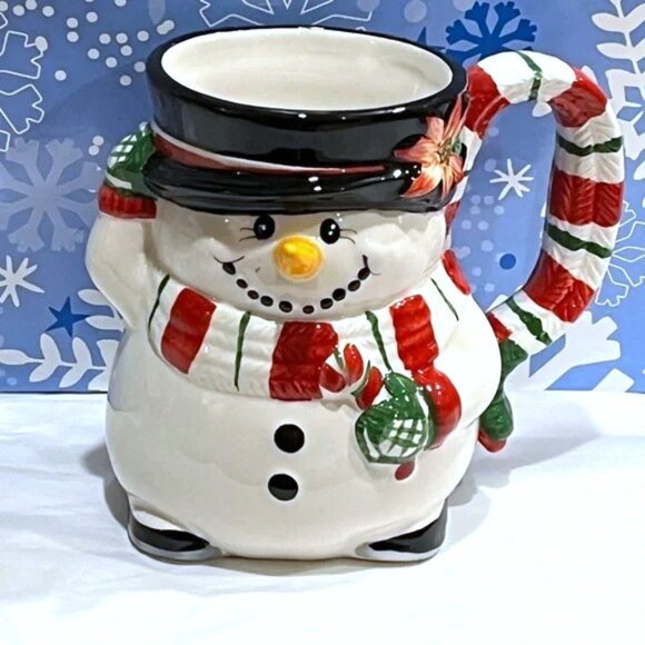 Fitz and Floyd Christmas Snowman 12 oz. Mug Red & Green Accents Scarf Handle - Picture 1 of 6